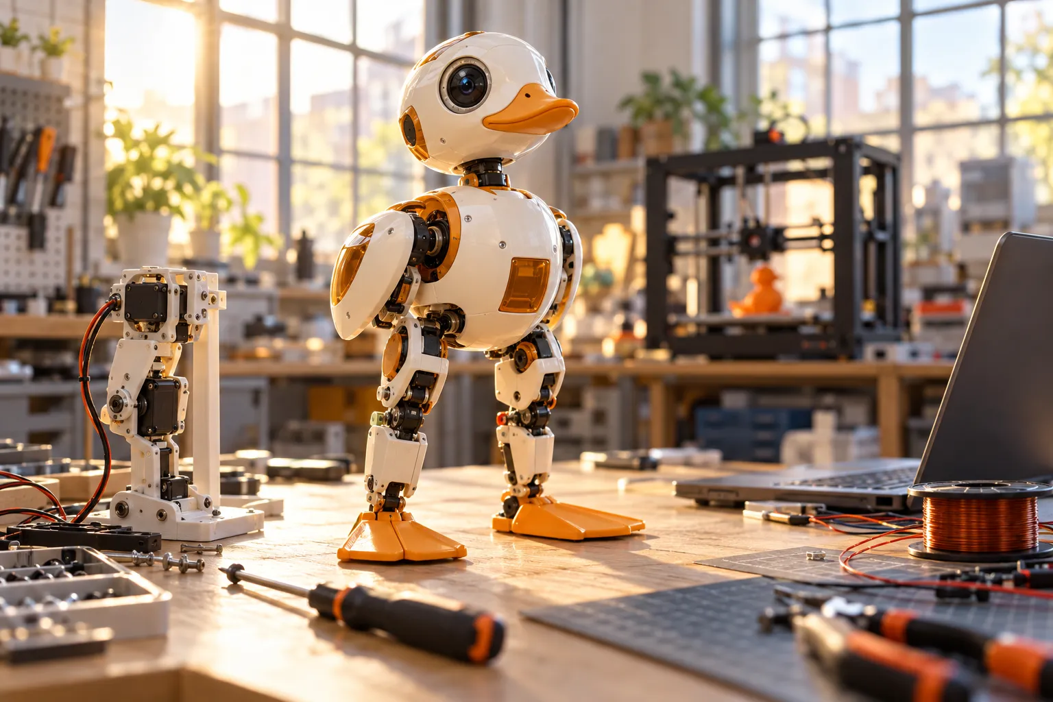 The Microduck robot standing on a workbench in the workshop where it was built