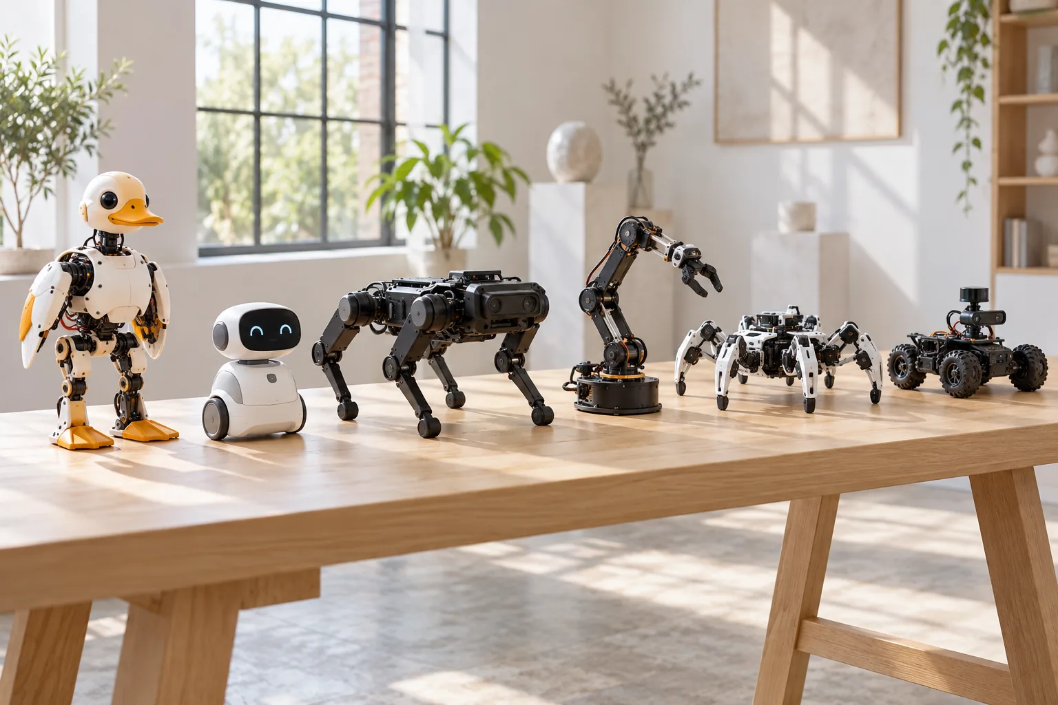 A row of small open-source robots on a table