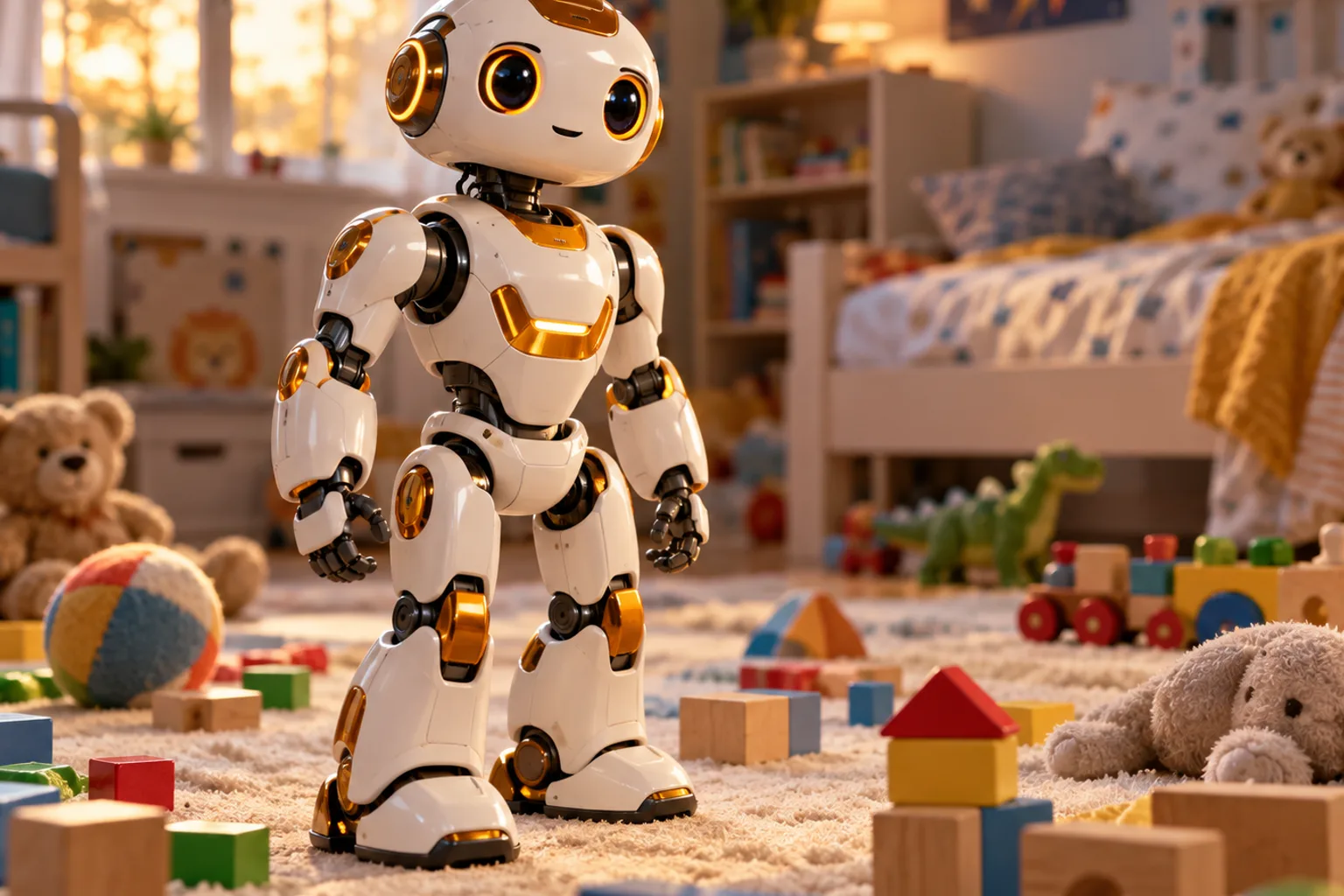 A biped robot standing among children's toys in a playroom