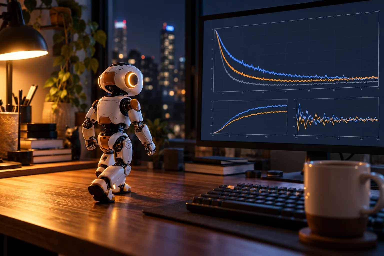 A Microduck robot walking past a monitor showing training curves