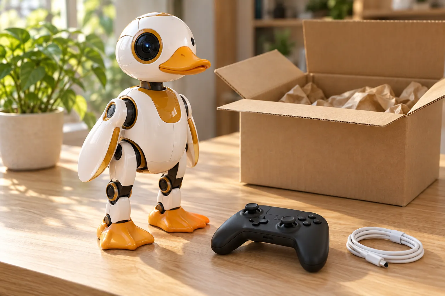 Microduck on a desk next to its controller and charging cable