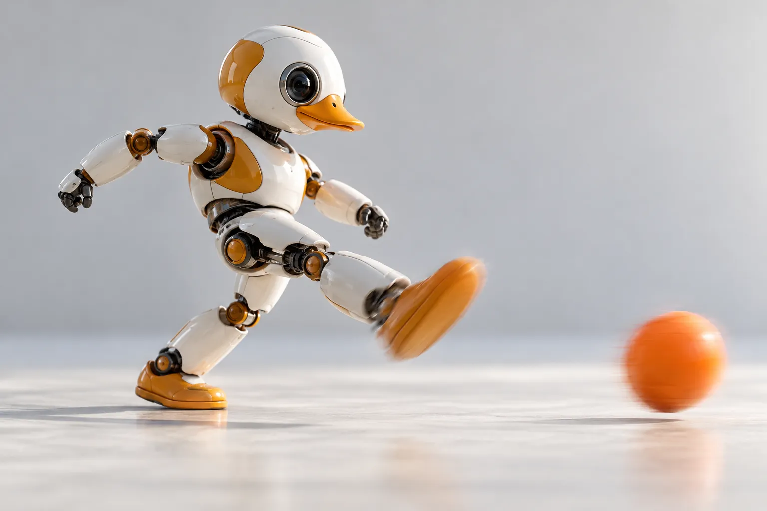 Microduck mid-kick with a small ball on a bright desk
