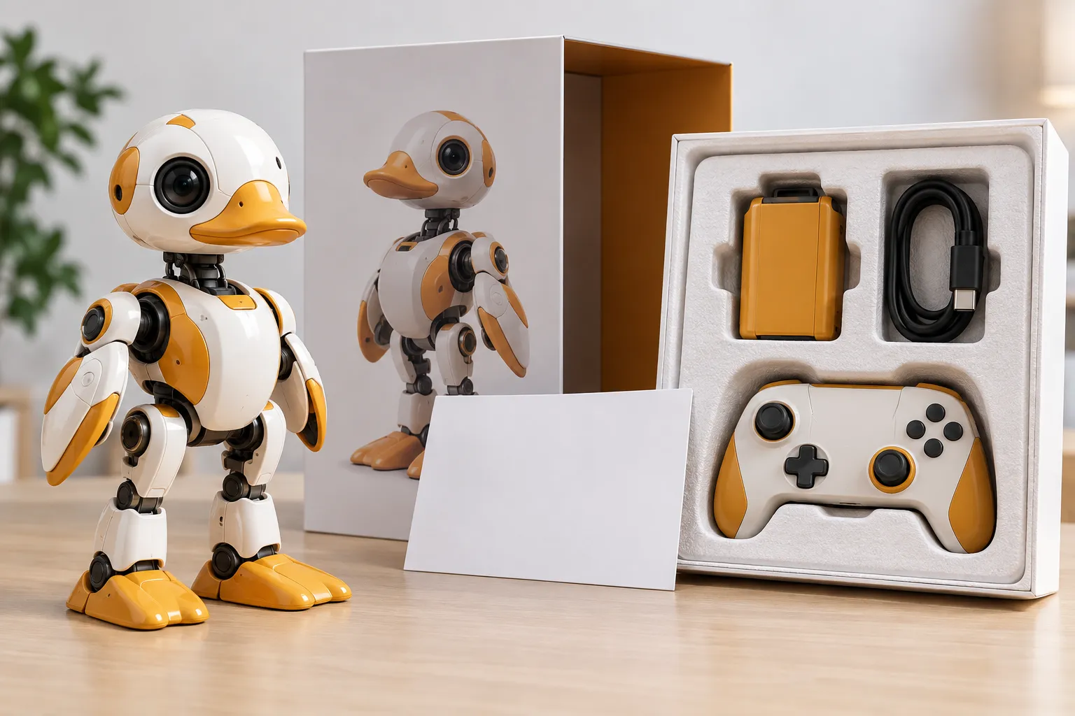 The Microduck robot next to its official packaging and in-box contents