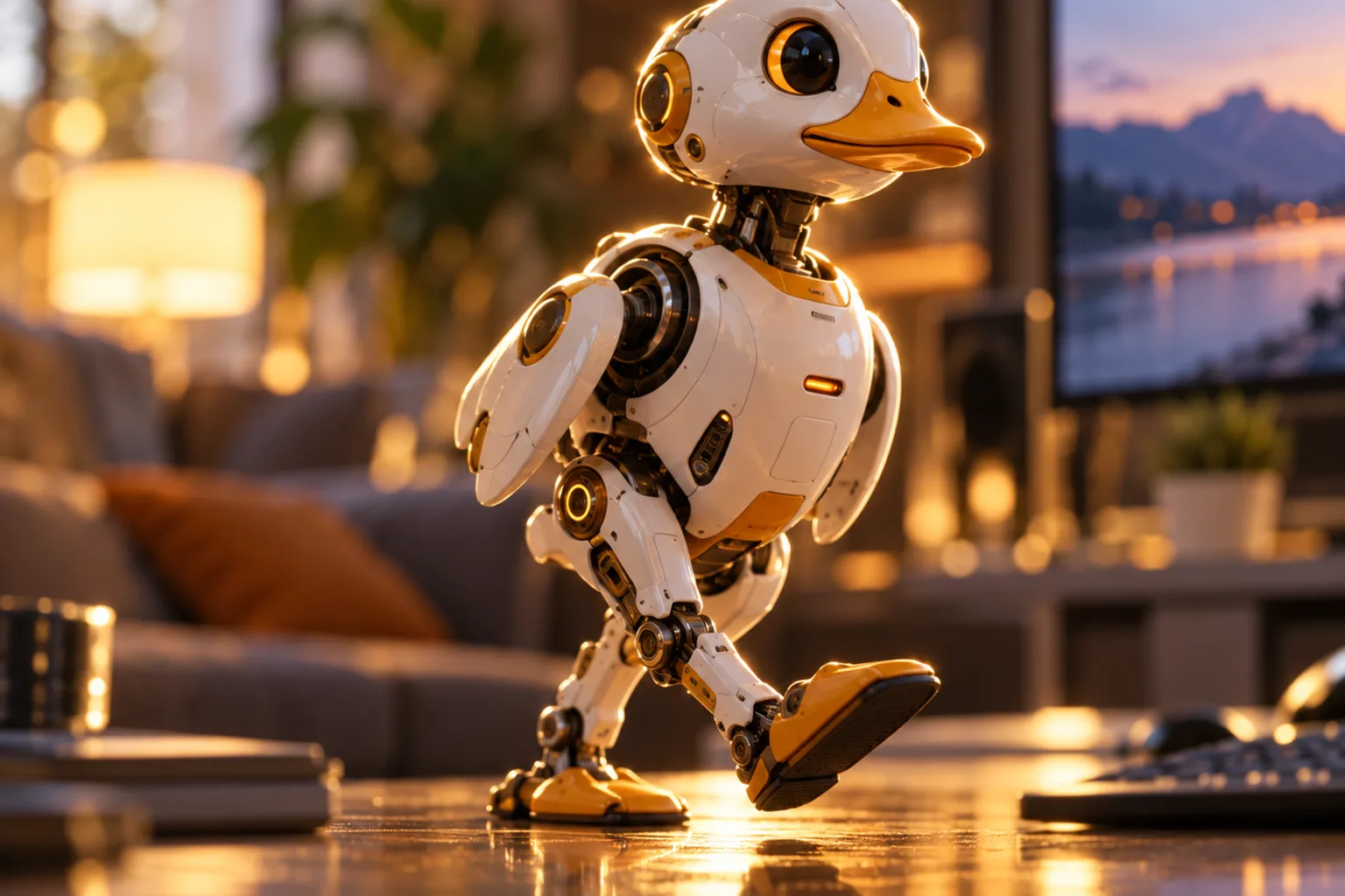 A Microduck robot walking across a desk in a warm living room