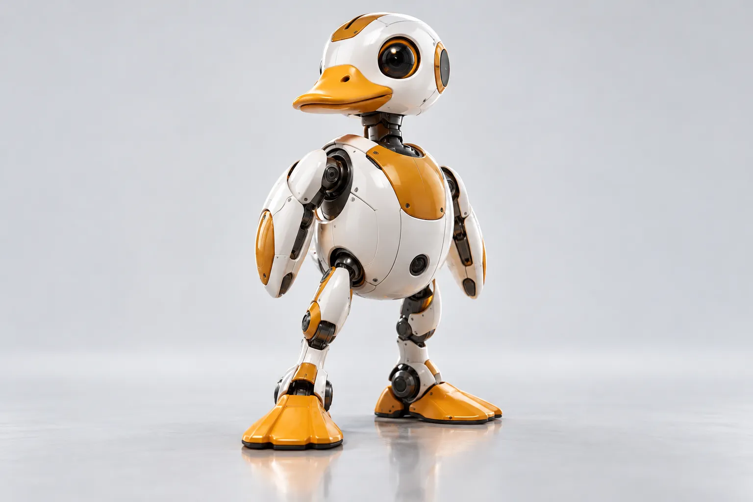 The Microduck robot standing in a bright studio
