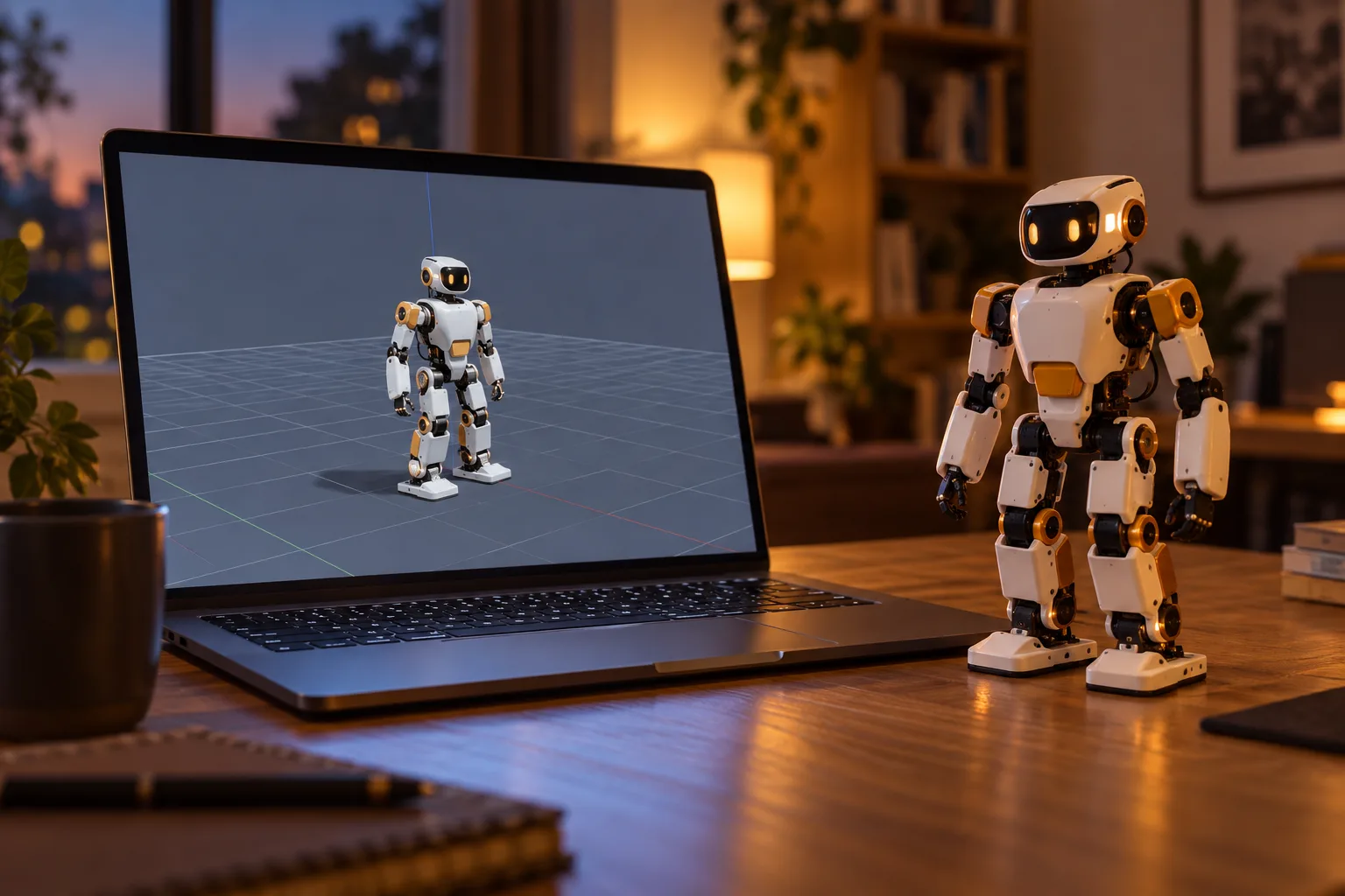 A laptop running the Microduck simulator next to the physical robot