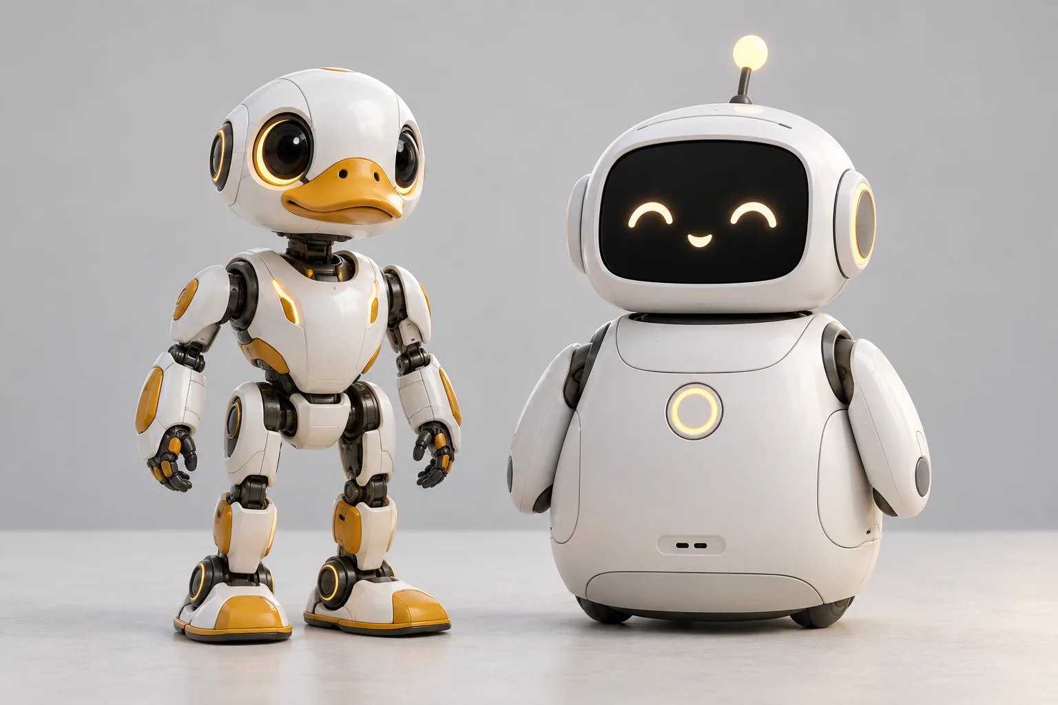 A Microduck biped robot next to a round desktop companion robot