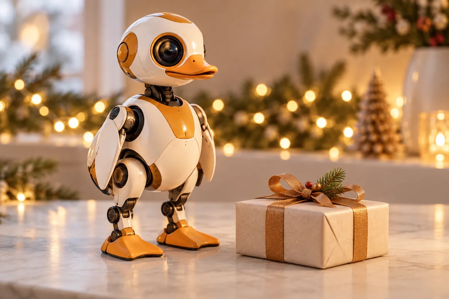 A Microduck robot beside a small wrapped gift box